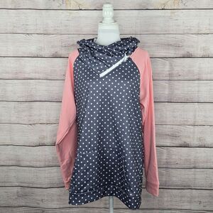 NWT Michelle Mae Pink Sleeve Grey Polka Dot Zip Cowl Neck Pullover Sweatshirt XL
